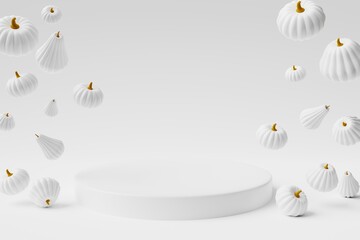 Podium with Halloween pumpkins on white background. 3d render