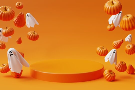 Podium with Halloween pumpkins and hosts on yellow background. 3d render