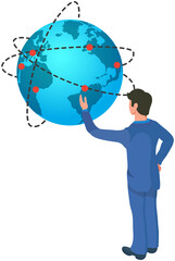 Man examining globe, choosing location for vacation. Planning business trip, travel with model of planet. Businessman looks at layout of Earth with stopping points and routes, search for position