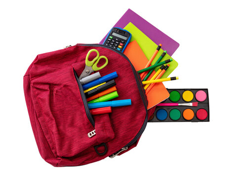 Back to school. School supplies and a red student backpack isolated on white color, top view.