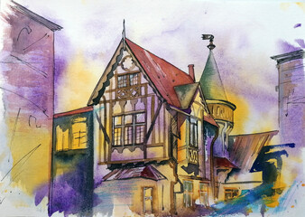 Facades of half-timbered buildings in the medieval town of Germany, watercolor illustration.
