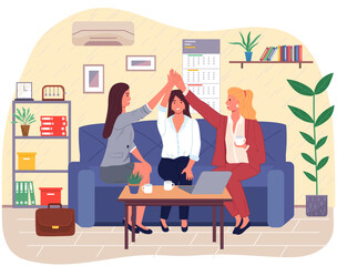 Girls sitting and talking. High five. Happy smiling women chatting and relaxing together. Business ladies during day off having rest at home. Recreation with friends, friendship. Give me five concept