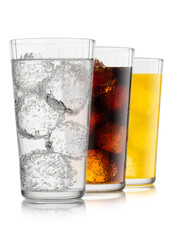 Lemonade drink with cola and orange soda with ice cubes on white background.