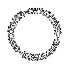 Round frame of long thin leaves. Vector doodle wreath.