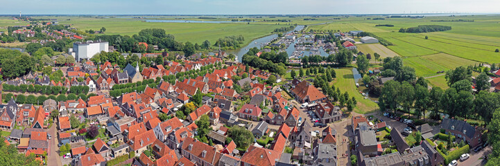 Fototapeta na wymiar Aerial panorama from the traditional village Sloten in Friesland the Netherlands
