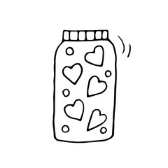 Glass jar with hearts. Valentine's Day. Love. The senses. Emotions. Romance. Vector. Doodle. Drawn by hand. Jar. Sketch. Silhouette. Black and white. Contour. Coloring