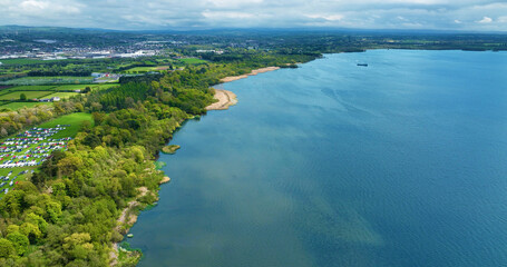 Aerial photo of a blue Lough Neagh Lake Co Antrim Northern Ireland