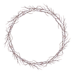 Wreath made of bare tree branches in brown, isolated on a white background. Painted by hand in watercolor. Natural round frame.