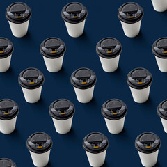 Seamless pattern of a disposable paper cup with for hot coffee and tea on color background