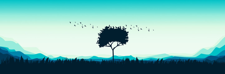 silhouette of tree in the middle of mountain landscape vector illustration good for wallpaper, banner, background, backdrop, web, adventure, travel, and template
