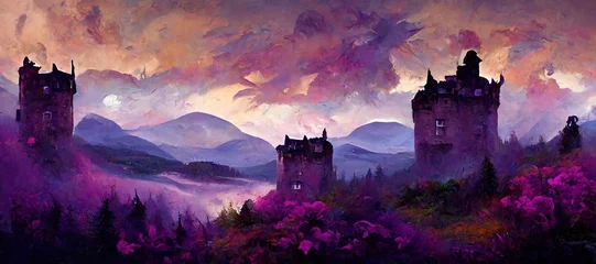 Papier Peint photo Couleur saumon Gorgeous purple twilight fantasy, imaginative Scottish castle overlooking loch and expressive vibrant indigo wild flowers, magical enchanting. Scenic surreal dreamscape.