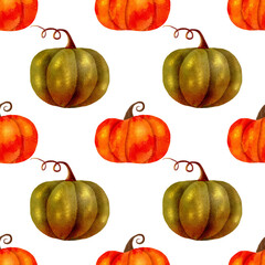 Hand drawn seamless pattern autumn watercolor pumpkins Halloween