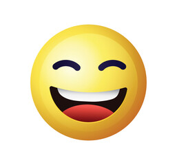 High quality emoticon on white background. Laughing emoji with closed eyes. Yellow face emoji laughing vector illustration. Popular chat elements. Lol emoticon.