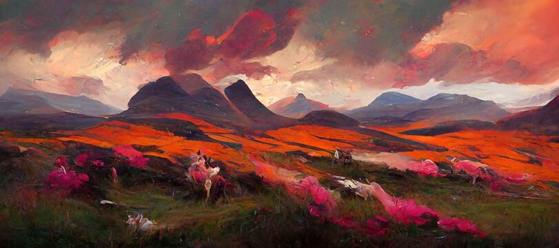 Scenic imaginative Scottish highlands landscape with wild flowers and rolling hills at sunset or sunrise.  Epic clouds and dark contrast to emphasize the bold beauty of Scotland.
