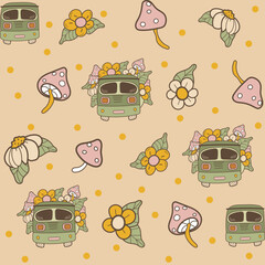 Beautiful colorful seamless pattern with cartoon cars, flowers and mushrooms. Travel car with flowers, leaves and mushrooms. House on wheels. Travel, vacation. Vector illustration.