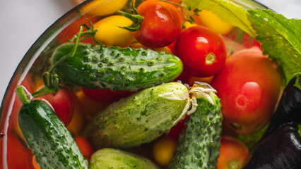 fresh vegetables in a glass plate in water, organic veggie food, healthy eating, weight loss food