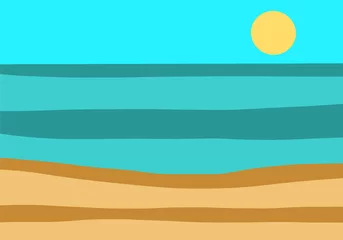 Foto op Plexiglas Ilustración de bonito paisaje de verano en la playa con sol y franjas coloridas. Amanecer con mar y arena.  © Beatriz