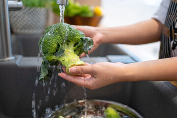 Naklejka na ściany i meble Woman washing fresh green broccoli in kitchen sink, closeup