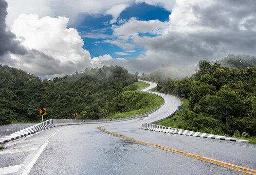 View of street number 3 The famous beautiful road in Nan province. In the rainy season, it is covered with fog.