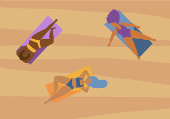 Fototapeta premium Ilustración de mujeres diversas tomando el sol en la arena de la playa sobre toallas de colores. Verano, vaciones y estilo de vida.