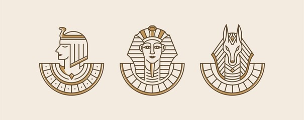 Cleopatra, pharaoh and Anubis Ancient Egypt god vintage art hipster line art Illustration vector. vintage artwork linear style collection set. wallpaper art of Egypt gods.  - obrazy, fototapety, plakaty