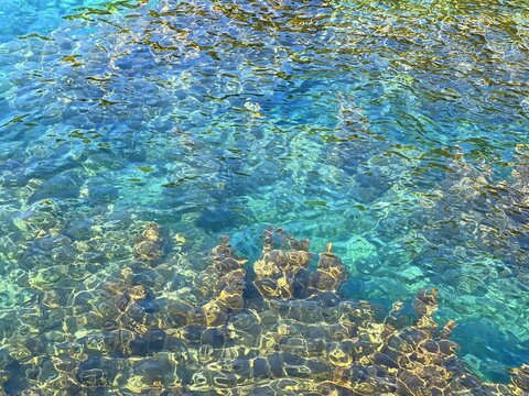 Aqua sea crystal clear water turquoise glittering surface.