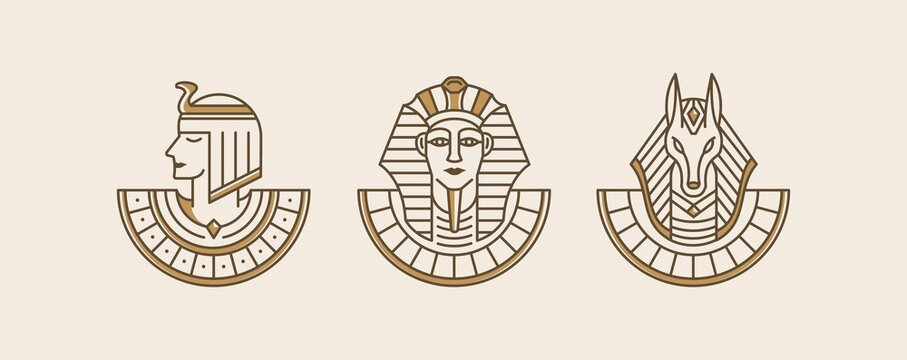 Cleopatra, pharaoh and Anubis Ancient Egypt god vintage art hipster line art Illustration vector. vintage artwork linear style collection set. wallpaper art of Egypt gods. 
