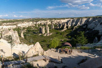 Panorama of the Valley of Love in Cappadocia, with the typical rocks of the valley, on a sunny day.