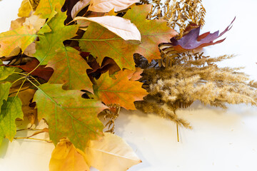 Autumn bouquet of yellow and orange flowers, red berries and maple leaves