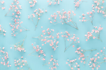 Beautiful flower background of pink gypsophila flowers. Flat lay, top view. Floral pattern.