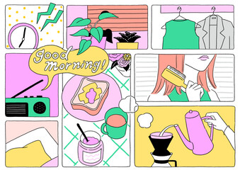 若い女性もモーニングーティン　コミック風ベクターイラスト
