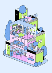 マンションで生活する人々のイラスト　ベクター