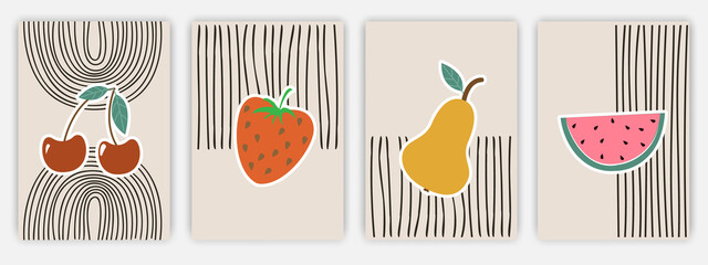 Big Set abstract posters with fruits in pastel colors.