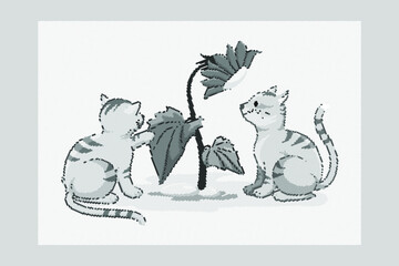 Cute domestic kittens are playing with a flower, Halftones effects, Black and white cartoon