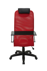red office fabric armchair on wheels isolated on white background, back view