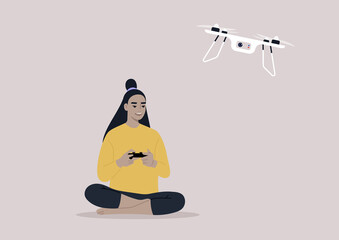 A young female Asian character flying a drone with a remote control, new technologies