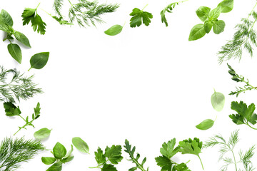 Fresh green herbs. Frame of fresh basil, dill, sage, parsley, arugula on white background. Healthy food. Top view. Mock up. Copy space.