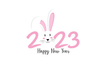 Happy new year 2023 year of the rabbit cute pink holiday number design with rabbit character on white background.