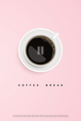 Black coffee in white cup on pink background. design for poster advertisement flyer Vector Illustration