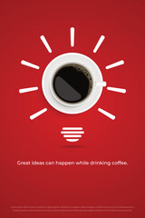 Black coffee in white cup on red background poster advertisement flyer Vector Illustration
