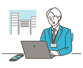 Male business person working on computer in office [Vector illustration].