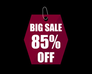 85% Off black banner. Advertising for big sale. 85% discount for promotions and offers.