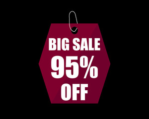 95% Off black banner. Advertising for big sale. 95% discount for promotions and offers.