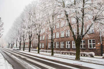 Ośnieżona droga zimą pośród budynków,drzewa