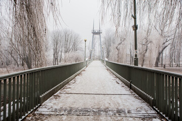 Park zimą. Ośnieżony most, alejka i drzewa