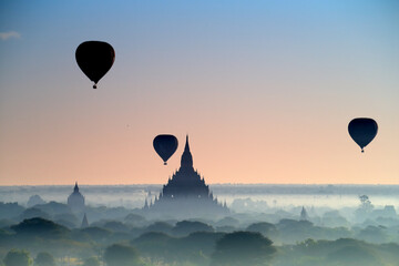 Hot air balloons over the old pagodas, Bagan, ancient city of the sea of ​​pagodas, Myanmar.