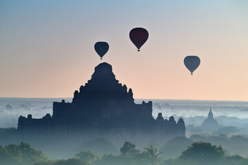 Hot air balloons over the old pagodas, Bagan, ancient city of the sea of ​​pagodas, Myanmar.