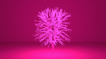 An abstract scene in pink tones. A fictional tree glowing with pink light in the center. 3D render.