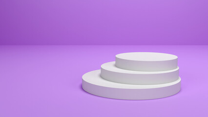 Abstract scene for advertising, presentation and branding of products. White disks lying on top of each other eccentrically in the form of a staircase. Podium on a blue background. 3D render.