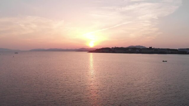 Aerial view of the lake Shinji sunset spot in Matsue, Shimane, Japan